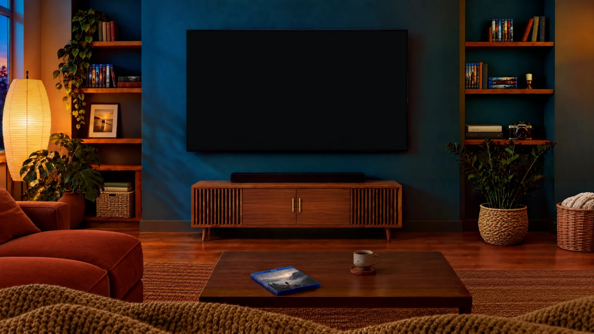 A cozy living room at dusk: a teal wall, a paper lantern, a rust sofa, and a TV on a walnut sideboard